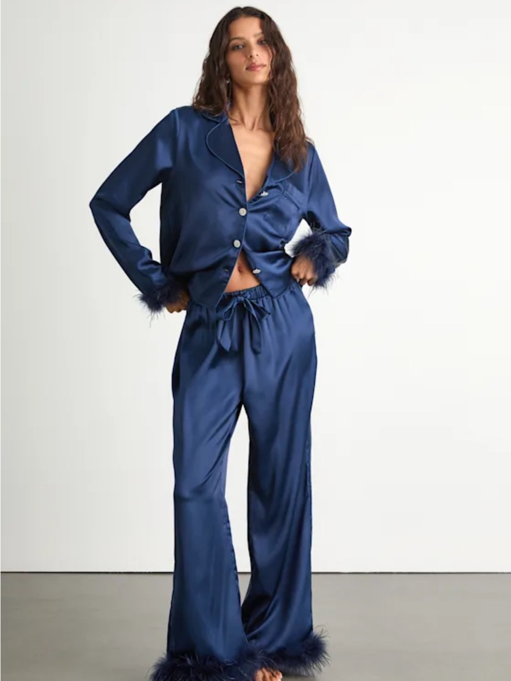 Lulus Dreamiest Delight Dark Blue Satin Feather Two-Piece Pajama Set Sz XL